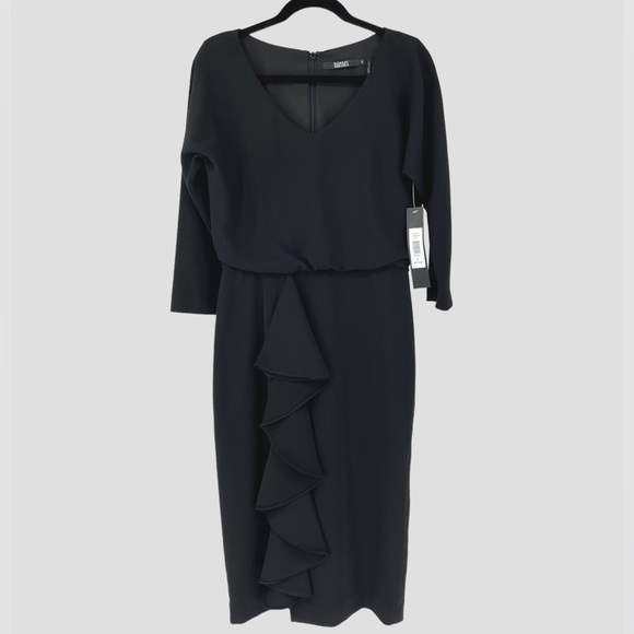 Badgley Mischka Black Dolman Sleeve Crepe Blouson Ruffle Knee Length Dress 6 New - Picture 1 of 7